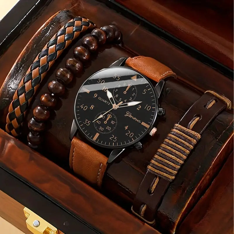 Brown Leather and Beaded Bracelets and Watch Gift Set for Men