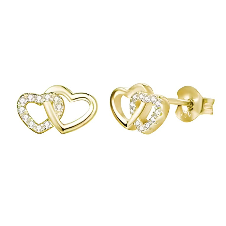 Petite Double Heart Earring Studs in Yellow Gold