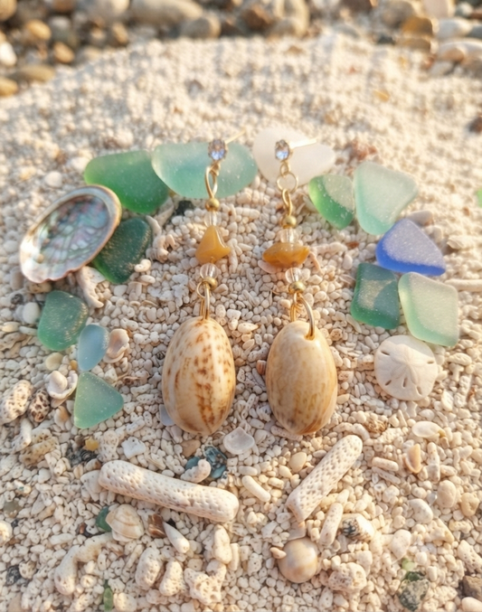 Natural Pistachio Shell & Yellow Jade Drop Earrings