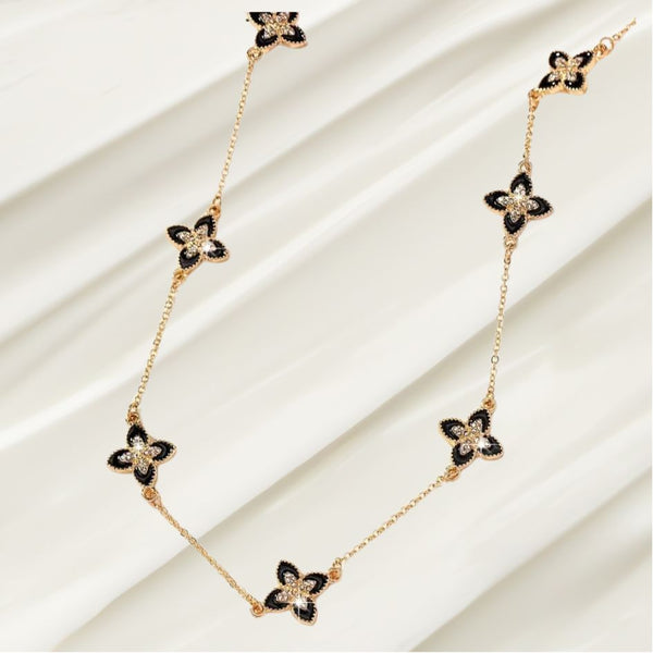 Elegant Black Flower Design Long Chain Necklace