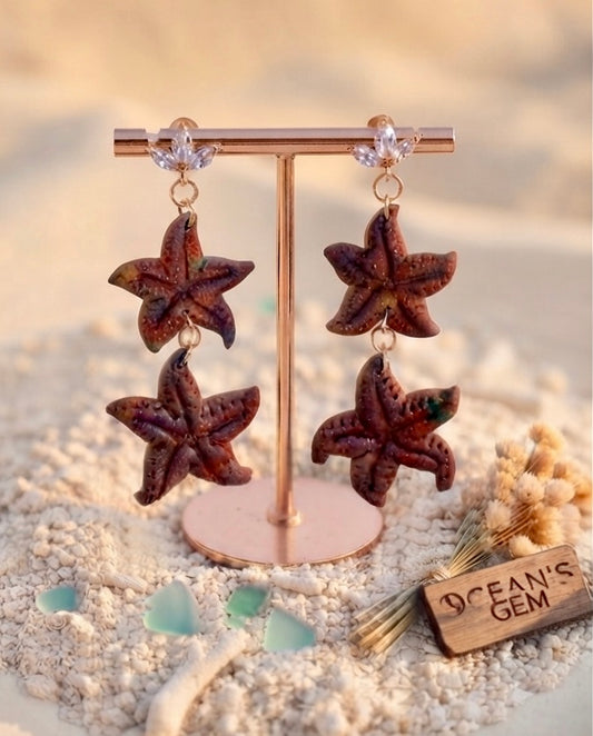 Burgundy Double Starfish Statement Earrings