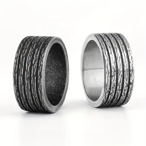 10mm Viking Tree Bark Stripe Steel Wedding Ring