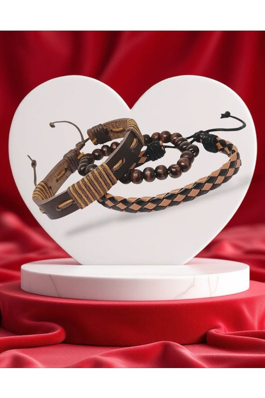 3Pcs Leather and Beaded Bracelet Set for Men