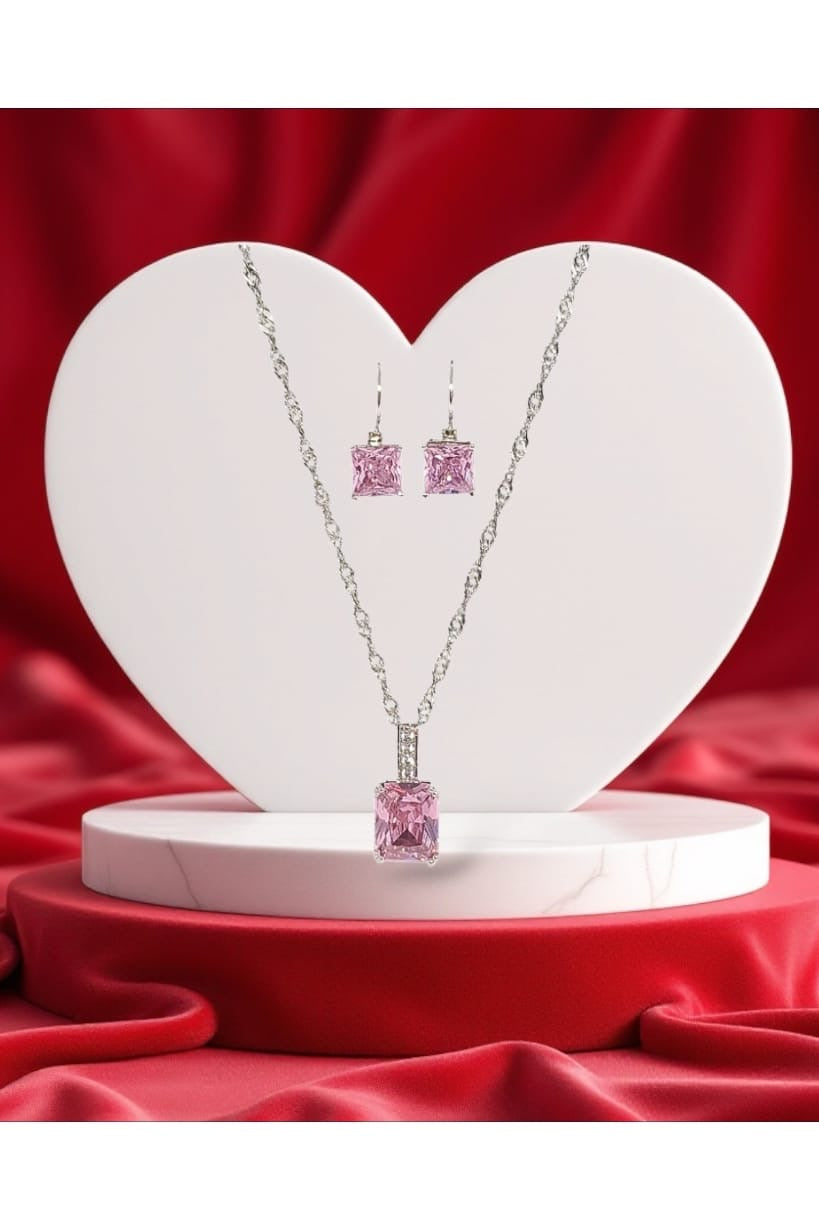 Silver Pink Emerald Earrings & Necklace Set