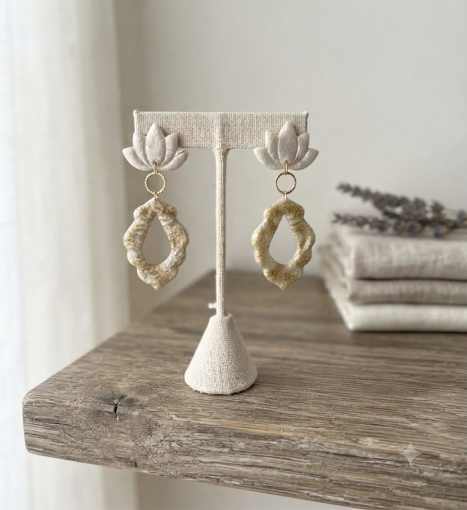 Handmade Shimmer & Gold-Accented Lotus Polymer Clay Earrings