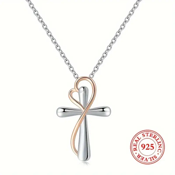 Twist Cross Heart Women's Pendant Necklace in 925 Sterling Silver