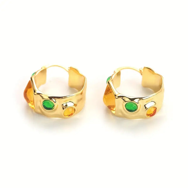 Fashion Green and Yellow Zircon Irregular Hoops in Copper