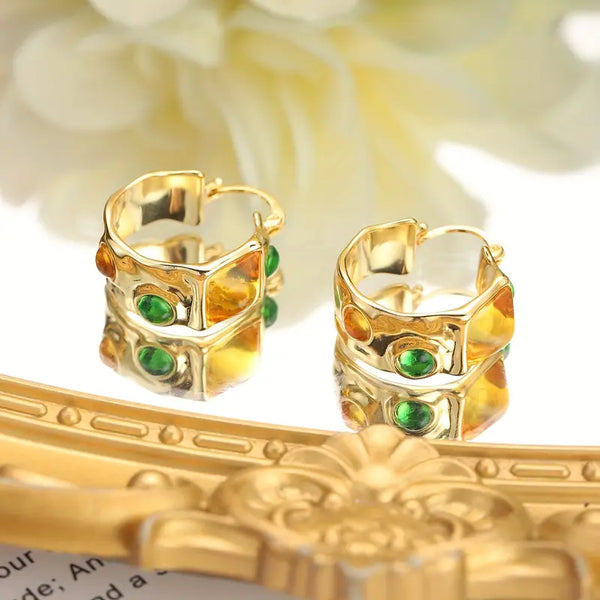 Fashion Green and Yellow Zircon Irregular Hoops in Copper