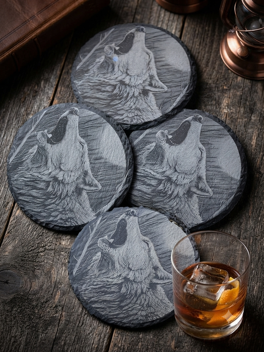 Wolf Laser Engraved Natural Slate Coasters (Set of 4) | Rustic Drink Mats