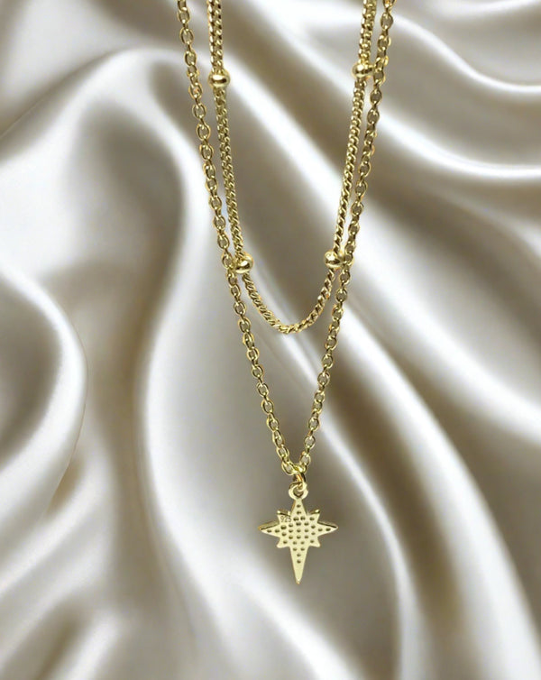 Yellow Gold .925 Plated CZ Pave Bethlehem Star Double Layer Necklace