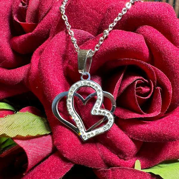 Double Open Heart CZ Necklace in Stainless Steel