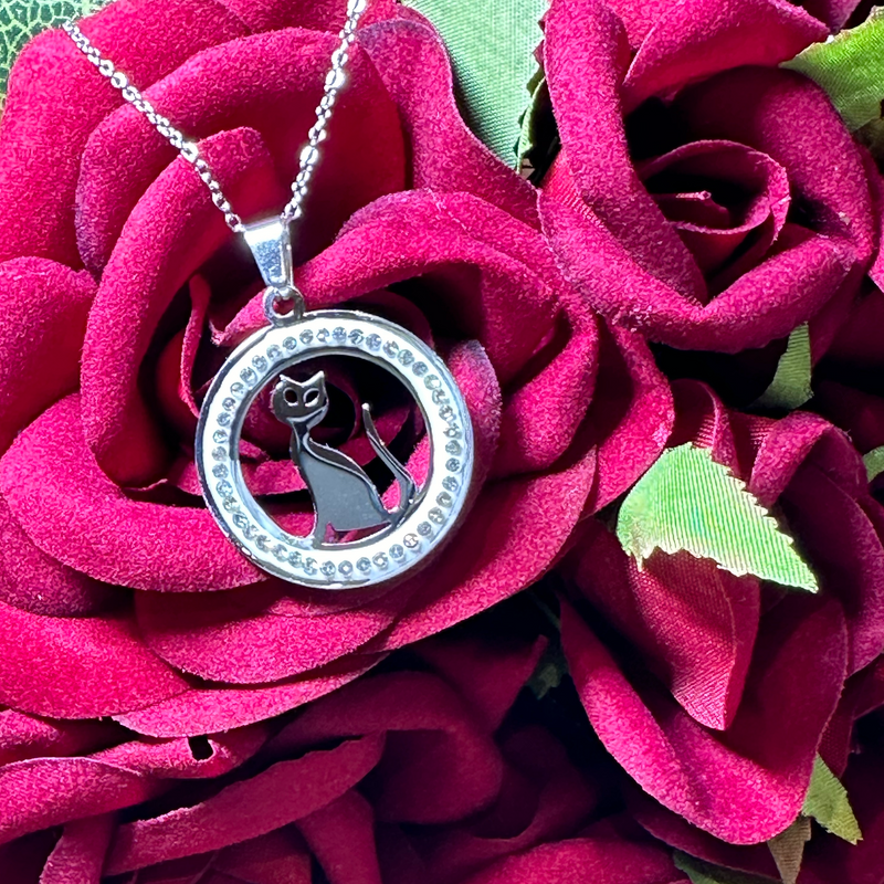 Eternity Cat CZ Necklace in Stainless Steel