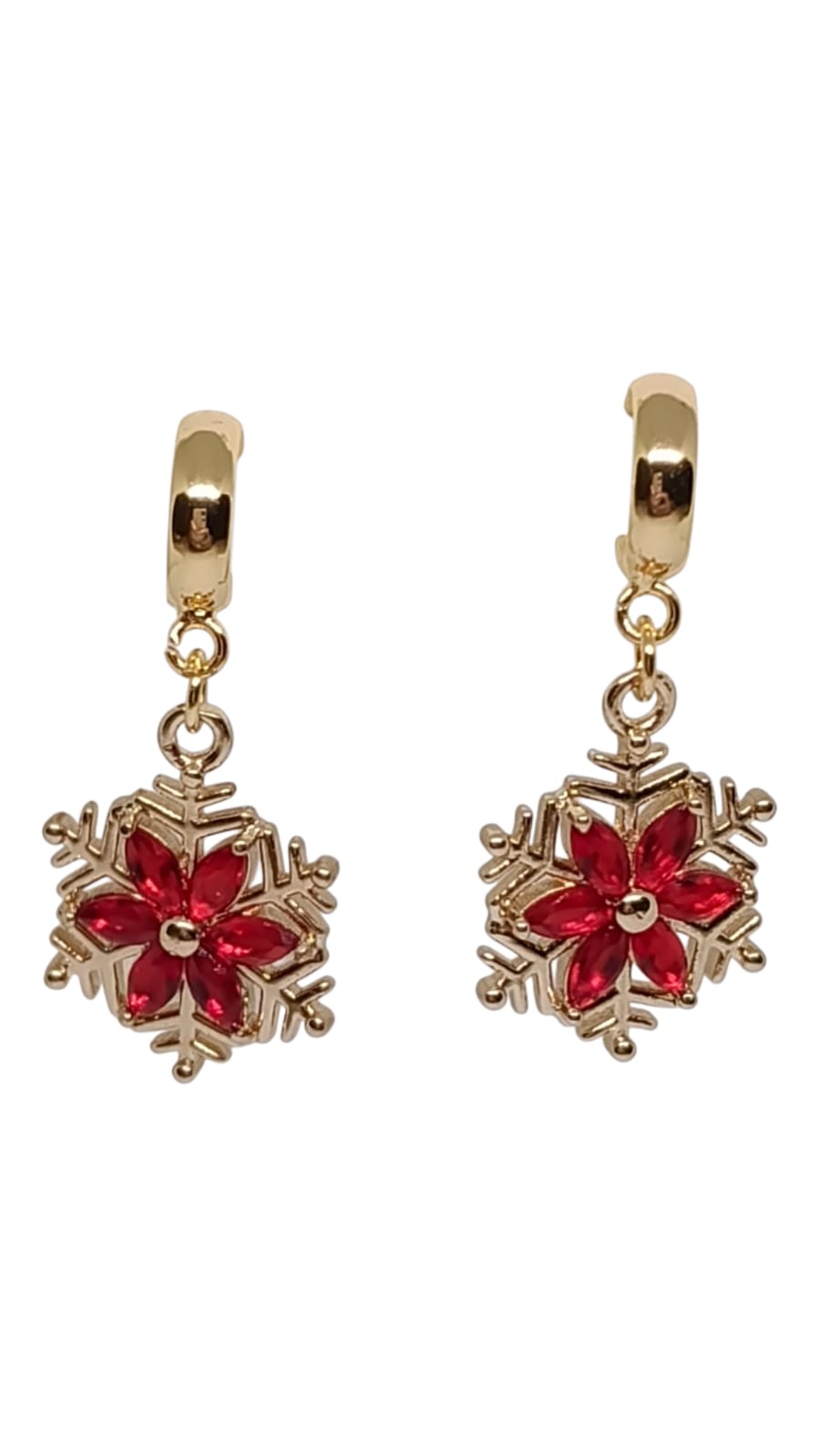 Gold and Red Snowflake Huggie Earrings
