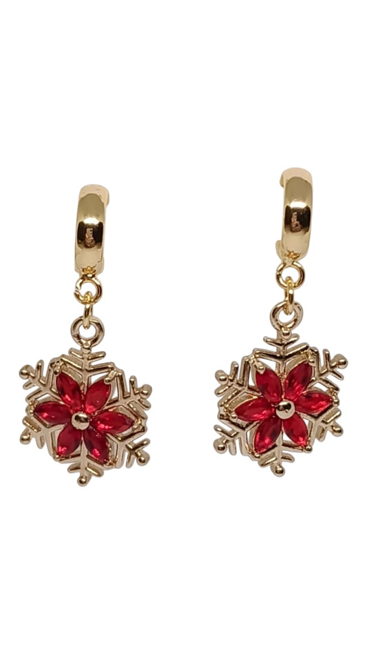 Gold and Red Snowflake Huggie Earrings