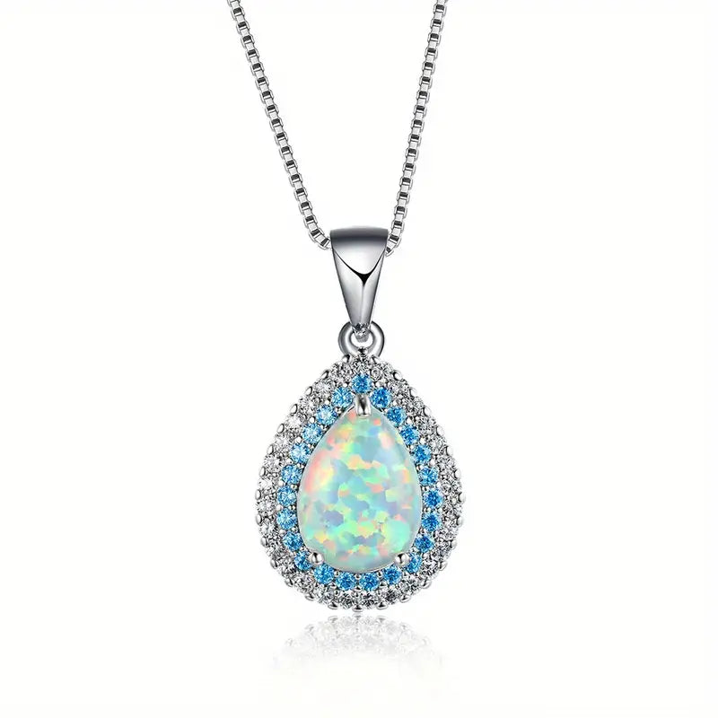 Opal Pear Pendant Necklace in S925 Sterling Silver