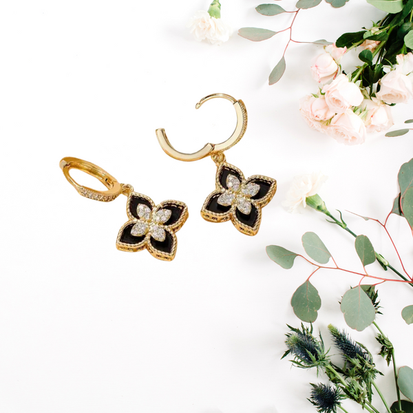 Elegant Black Flower Design Drop Earrings