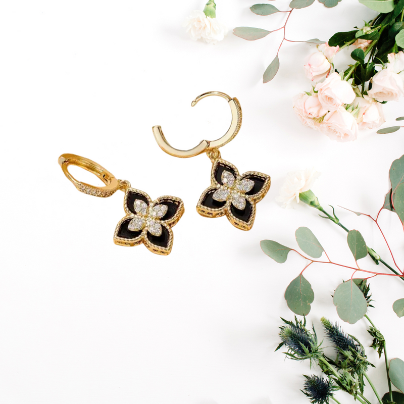 Elegant Black Flower Design Drop Earrings