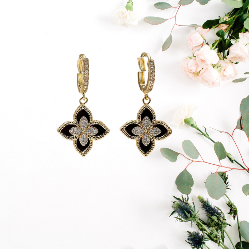 Elegant Black Flower Design Drop Earrings