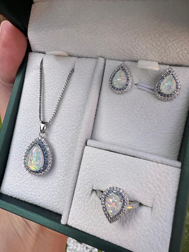 3pcs Pear Opal with Blue & White Zircon Jewellery Set