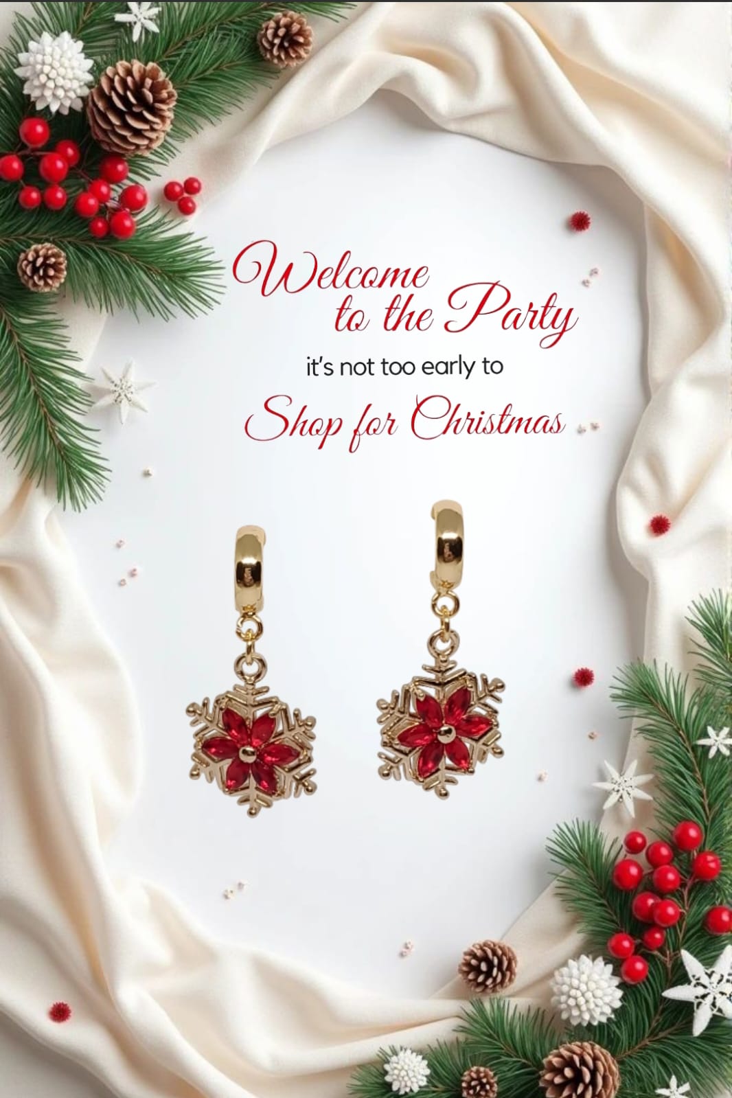 Gold and Red Snowflake Huggie Earrings