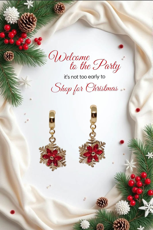 Gold and Red Snowflake Huggie Earrings