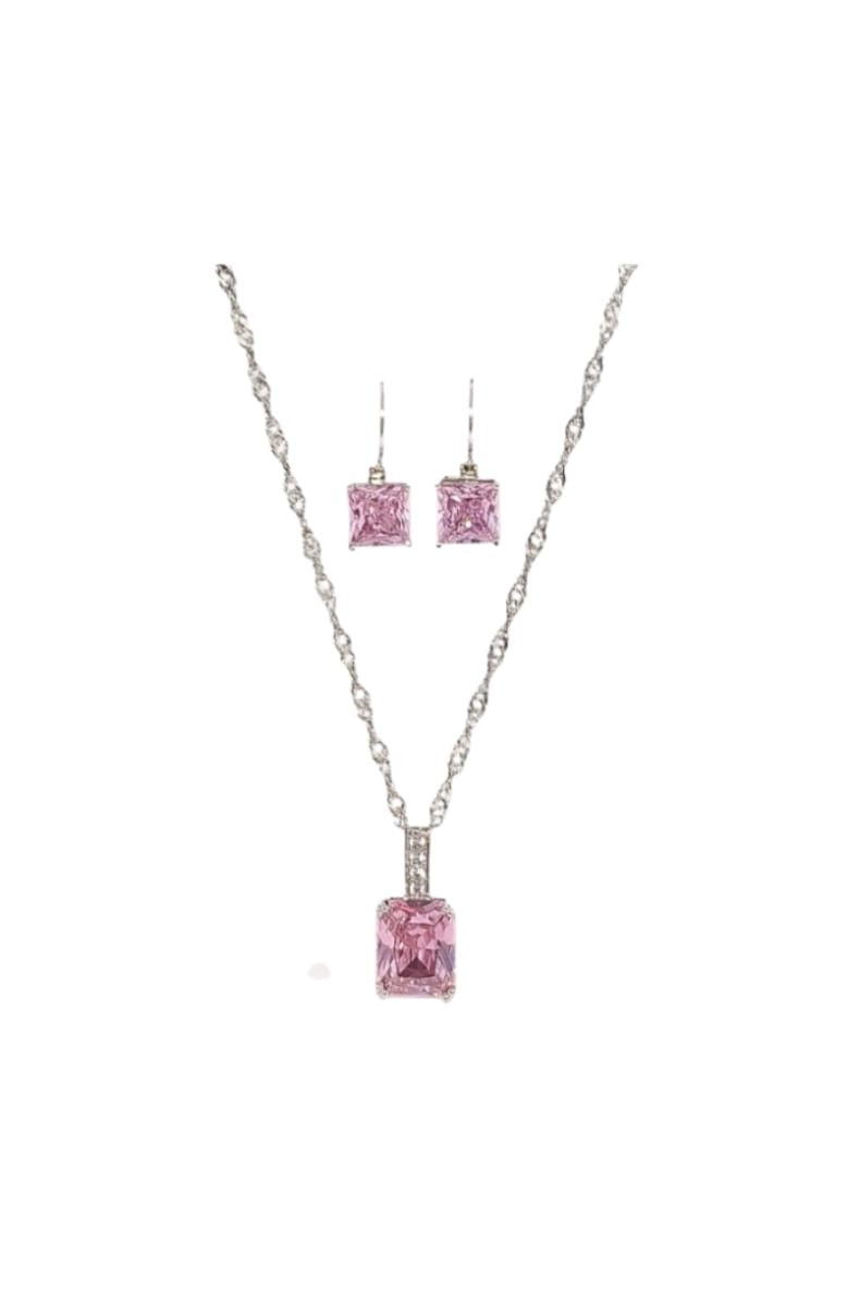 Silver Pink Emerald Earrings & Necklace Set