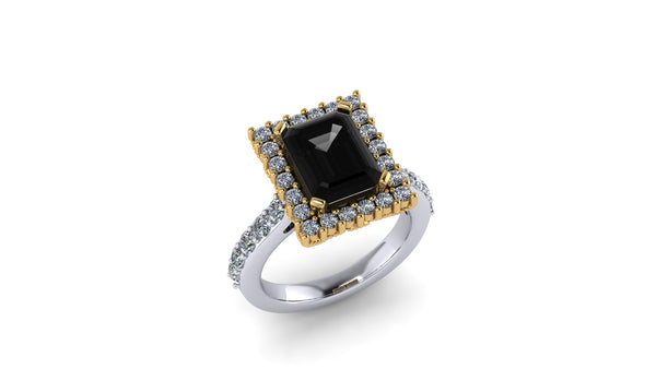 Scy Emerald Black Diamond Halo Ring in Gold