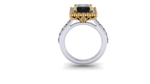 Scy Emerald Black Diamond Halo Ring in Gold