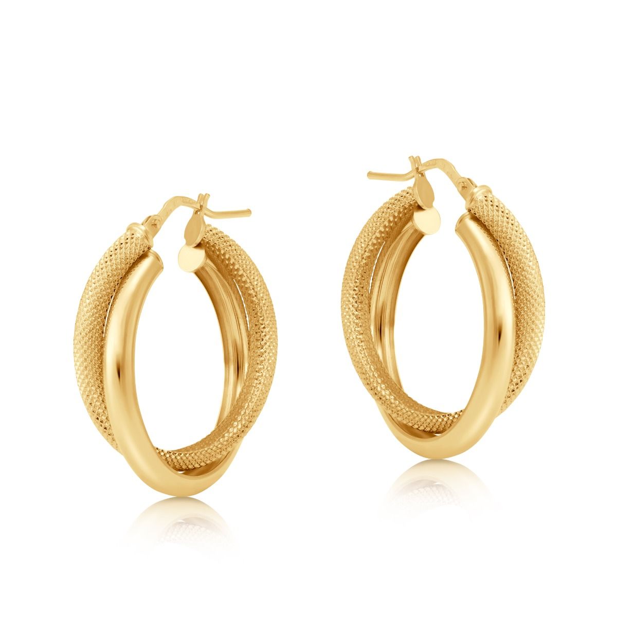 Enchanting Mesh and Plain Hoop Earrings in Yellow Gold
