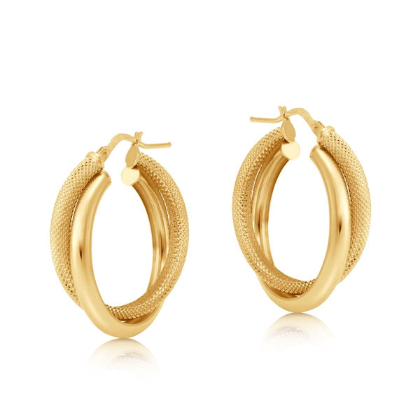 Enchanting Mesh and Plain Hoop Earrings in Yellow Gold