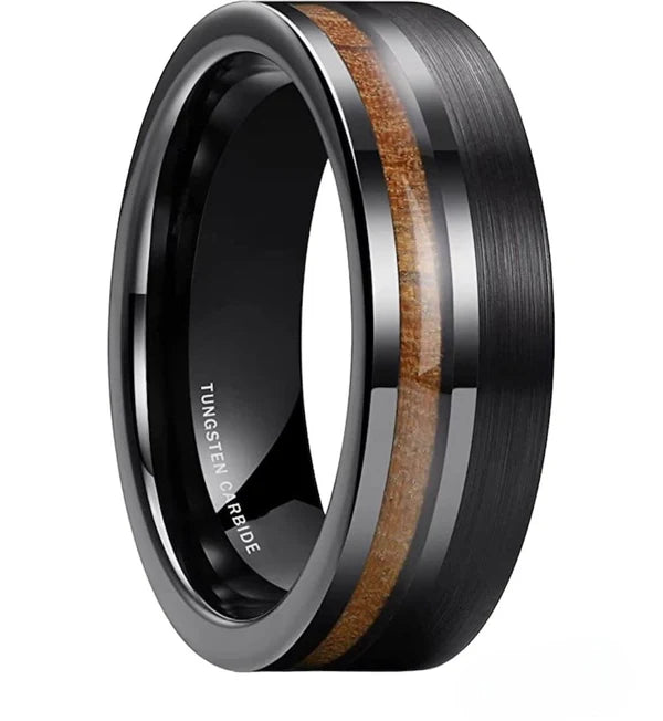 Exquisite 8mm Men's Black and Wood Grain Tungsten Carbide Ring